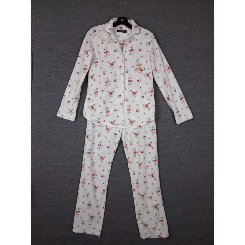 LRL Womens Pajama Set XS White Floral Fleece Monogram Preppy Cozy Soft Cabin